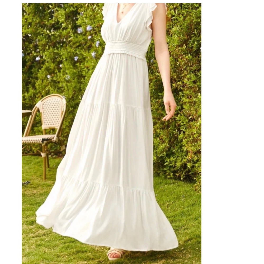 ModCloth White Tiered Maxi Dress V-Neck Flutter Sleeve Smocked Waist XL NWT